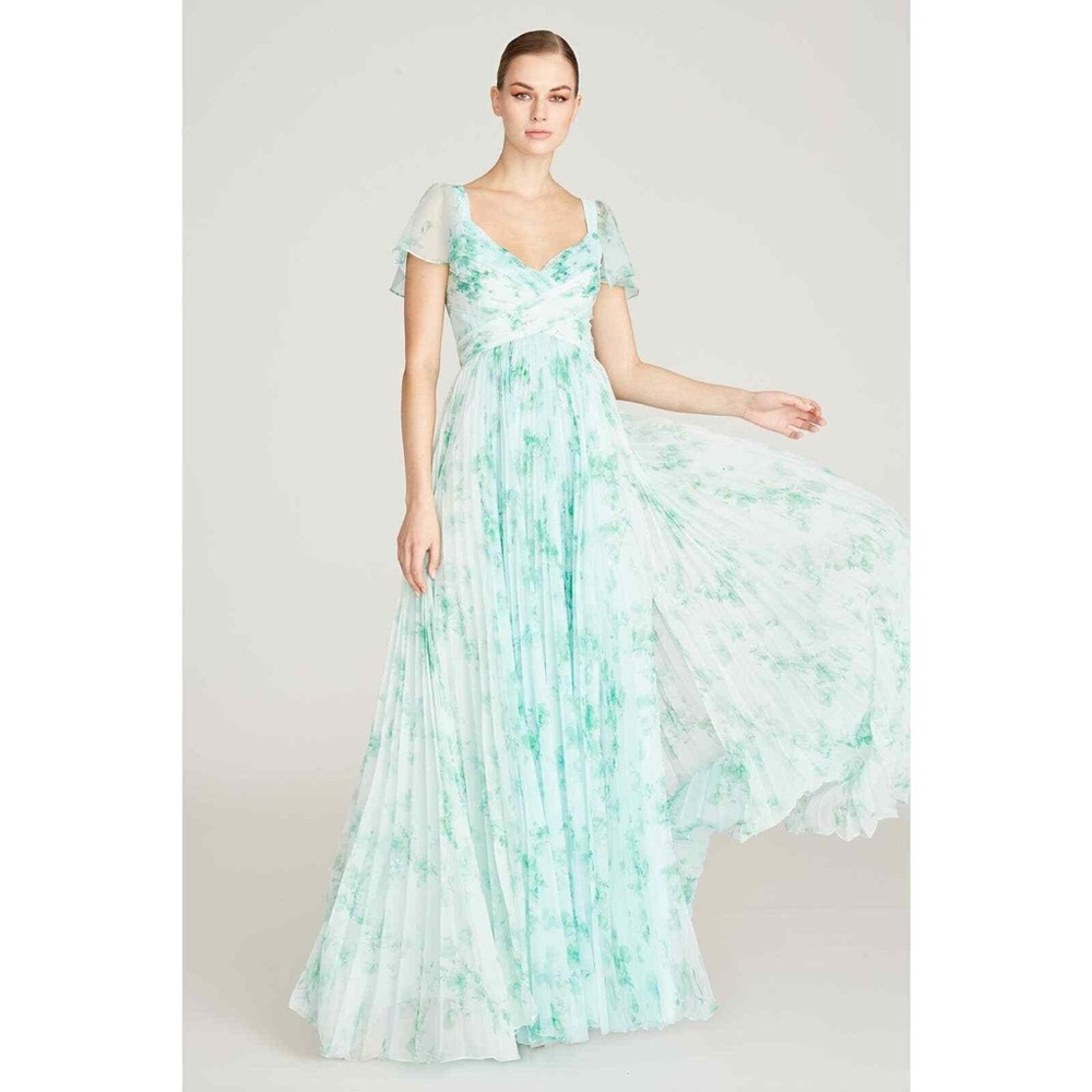 THEIA Alani Pleated Flutter-Sleeve Gown in Floating Jasmine
